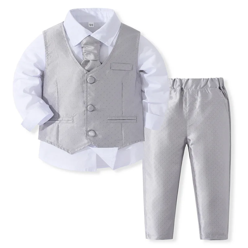 

4Piece Spring Baby Boy Clothes Fashion Wedding Birthday Gentleman Suit Vest+Shirt+Pants+Tie Boutique Kids Clothing Set BC314