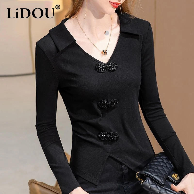 

2023 Spring Autumn Long Sleeve T-shirt Women V-neck Solid Color French Style Asymmetrical Patchwork Pullovers Fashion Clothes