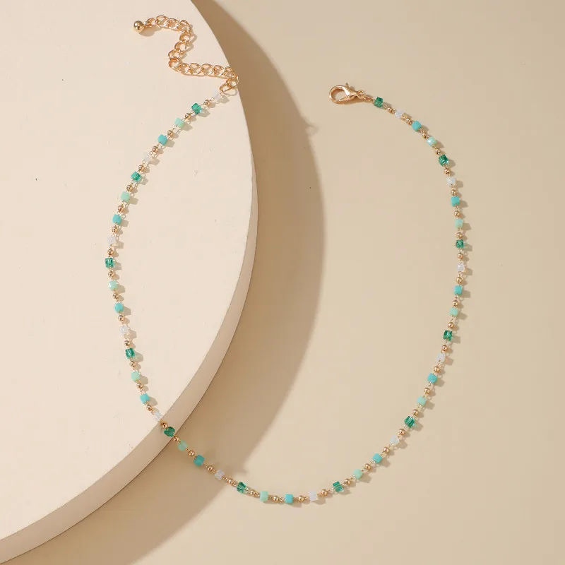 

Trendy Green Beaded Round Bead Choker Necklace Gift Simple Jewelry for Women