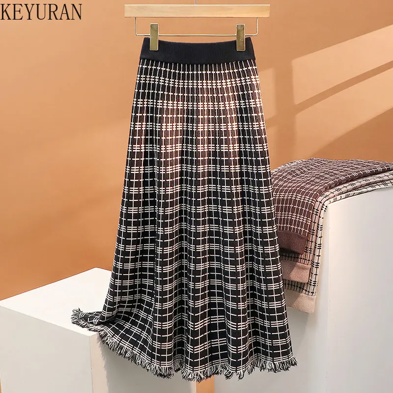 

Tassel Plaid Stripe Knit Midi Long Pleated Skirt Women 2022 Autumn Winter Korean Fashion Warm A Line High Waist Skirt Female