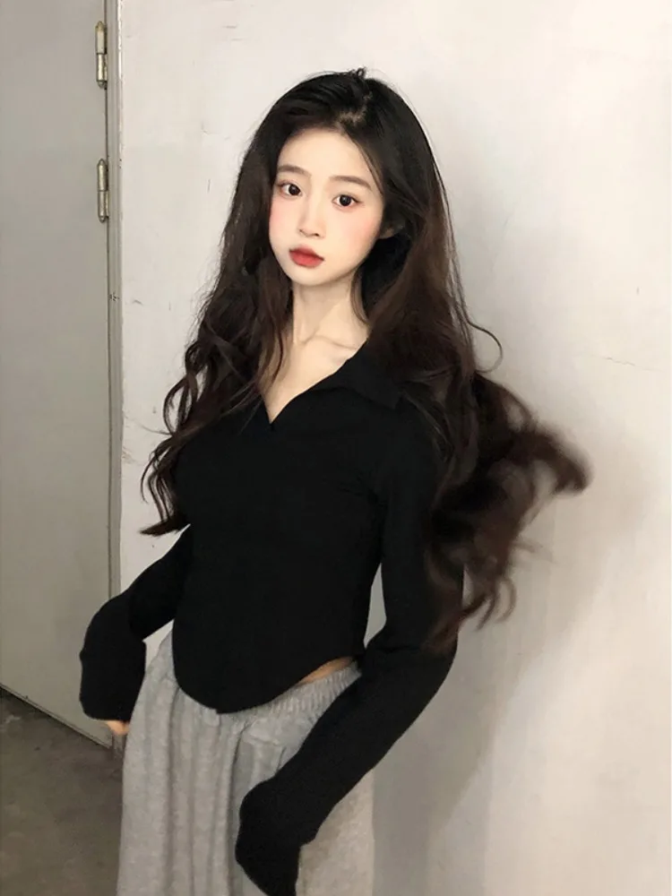 Осенняя женская одежда Gyaru Design Sense Slim fit Белая нижняя рубашка с воротником-поло Pure