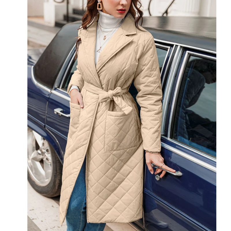 

Long Straight Winter New Outerwear Coat with Rhombus Pattern Casual Sashes Women Parkas Deep Pockets Tailored Collar Stylish