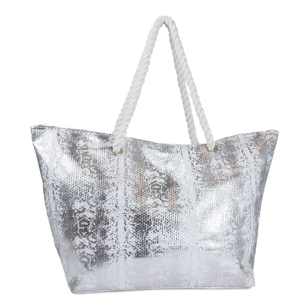 

2023 NEW Women`s Silver Metallic Snake Print Straw Rope Tote Beach Bag