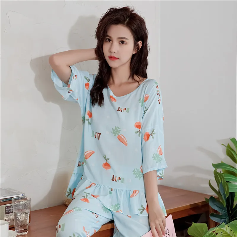 UHYTGF Pajamas Womens Print Cotton Silk Summer Two-Piece Set Sleepwear Female Thin Home Clothes Breathable Ladies Nightgown 2501