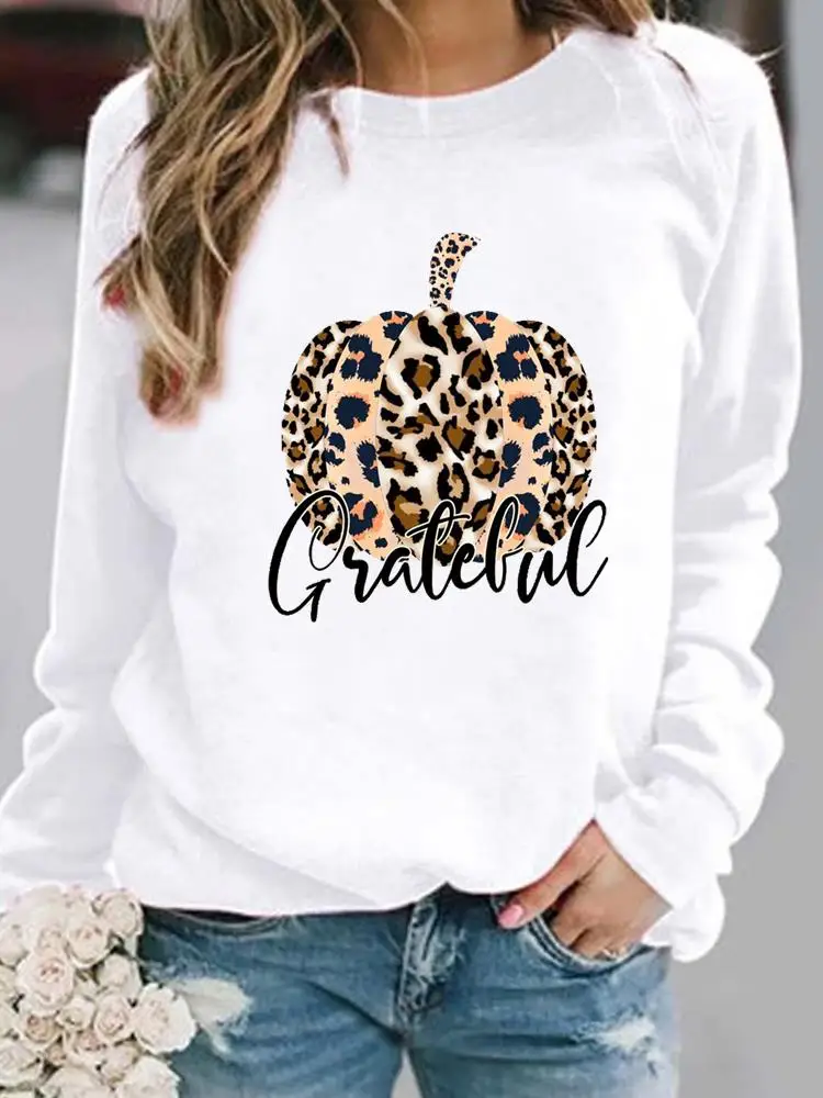 

Halloween Print Leopard Pumpkin Letter Thanksgiving Woman Pullovers Fall Autumn Female Spring Women Hoodies Graphic Sweatshirts