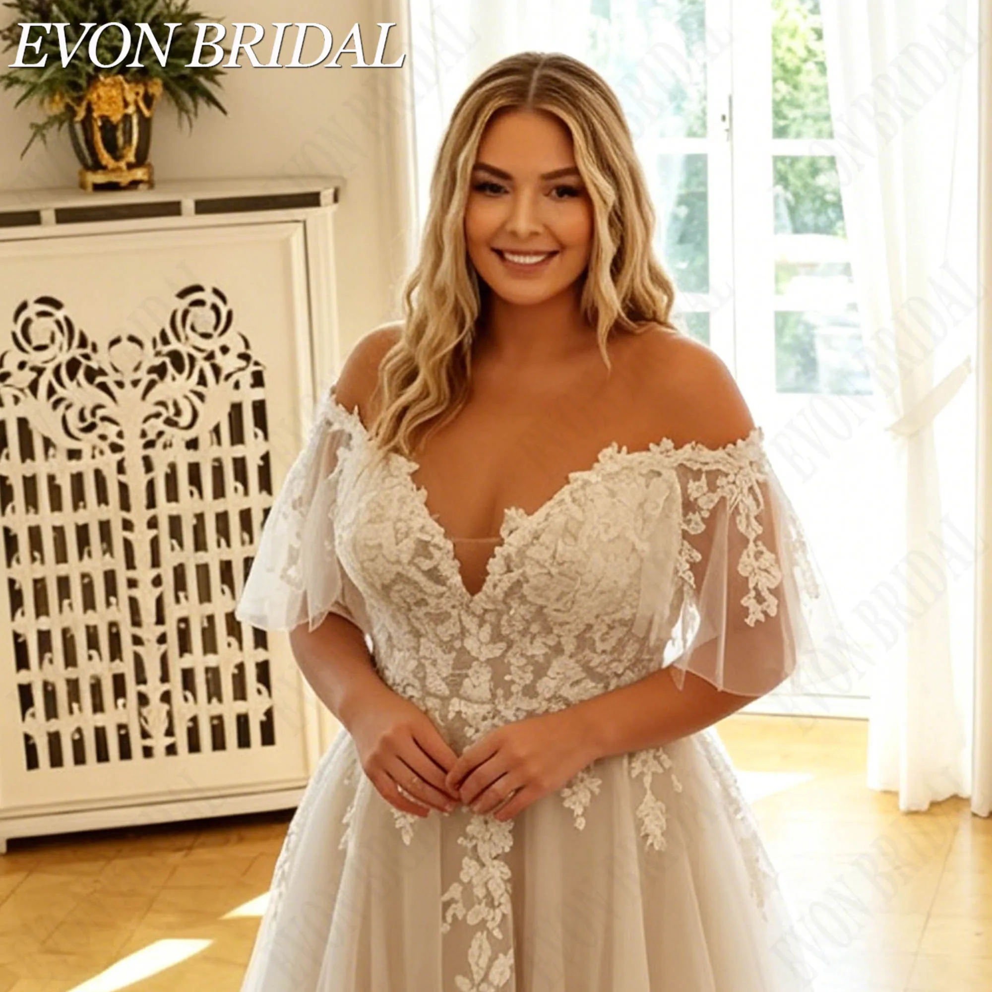 EVON BRIDAL Свадебное платье больших размеров с кружевными аппликациями V-образный вырез из тюля А-силуэт на одно плечо индивидуальный пошив невесты платье для свадебной церемонии официального бракосочетания (art.: 3920dbdc682ff) - 3920dbdc682ff