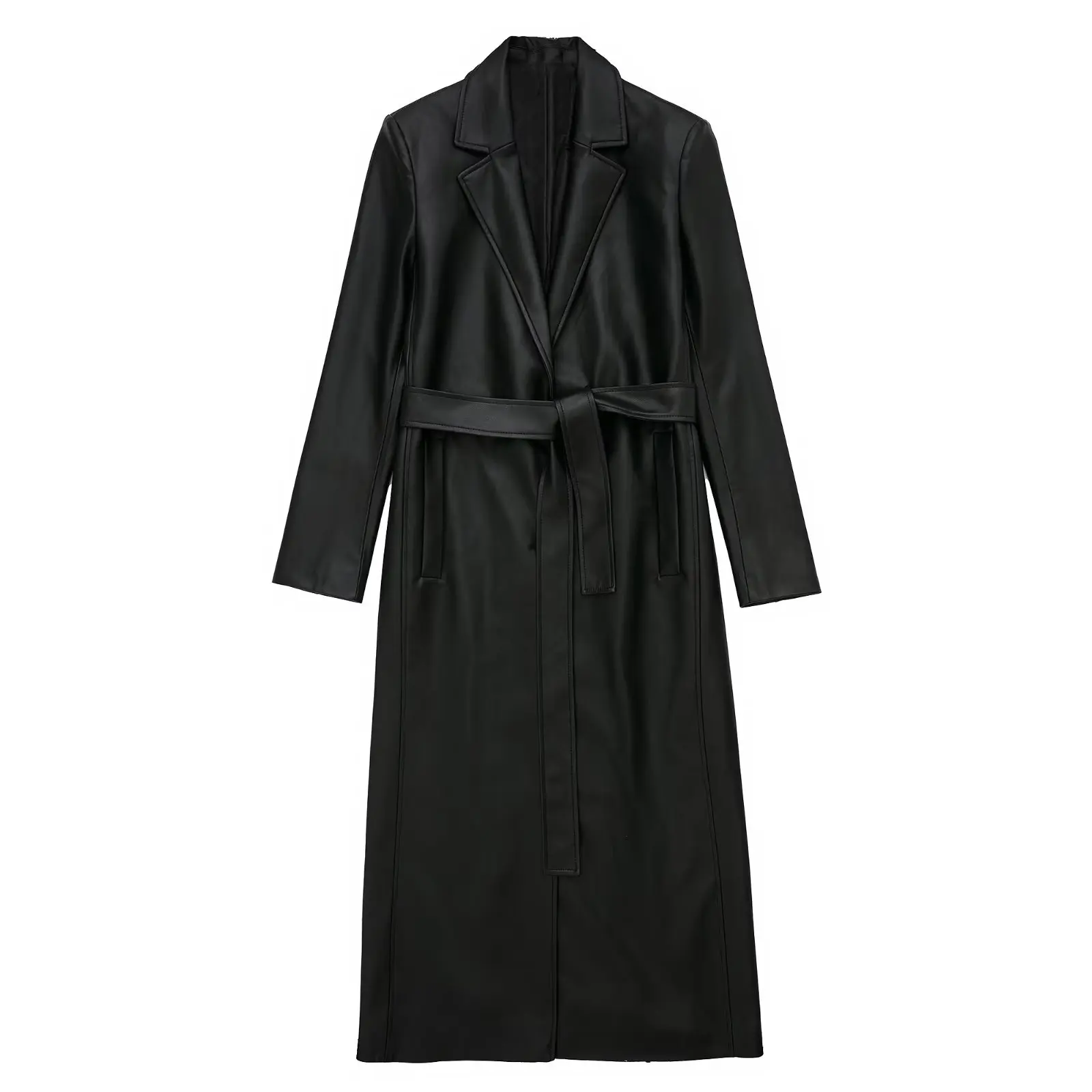 

Clothland Women Elegant Thick PU Leather Jacket Single Breasted Long Sleeve Belt Long Coat Winter Chic Tops Mujer CA402