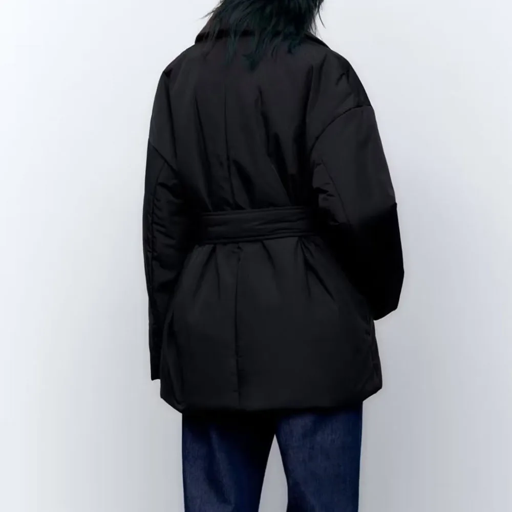 Autumn and winter new fashion women's all-match design sense black lapel long-sleeved belted padded jacket coat