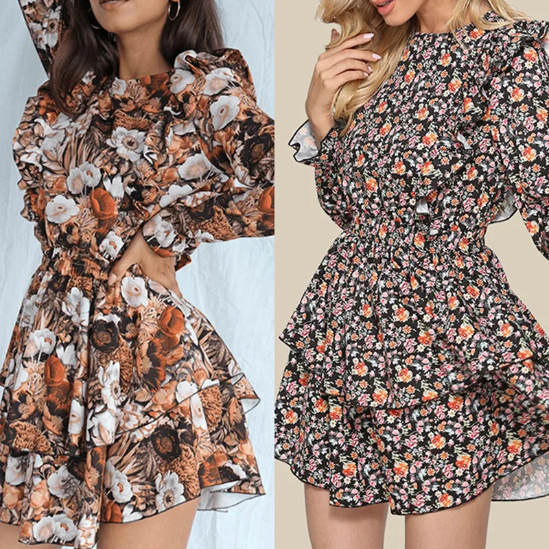

2022 Women's New Fashion Dress Floral Waist Long-sleeved Cake Short Skirt Dress