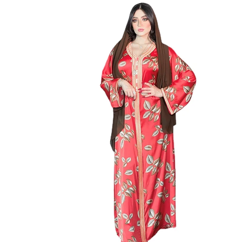 

Muslim Women Clothing Dubai Moroccan Caftan Arabic Oman Printed Jalabiya Qtar Middle East Turkey Hijab Dress Red 2021