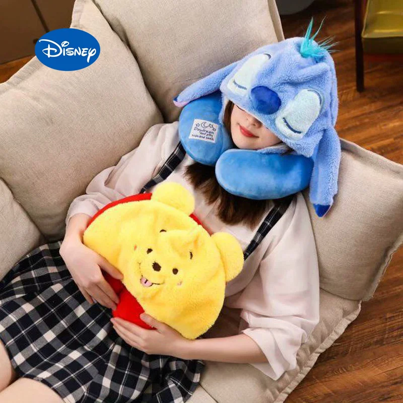 Stitch Cartoon Soft Hooded U-pillow Disney Travel Pillow Plus Hat Cushion Soft Nursing Adult Kids Winnie Pillow Birthday Gifts