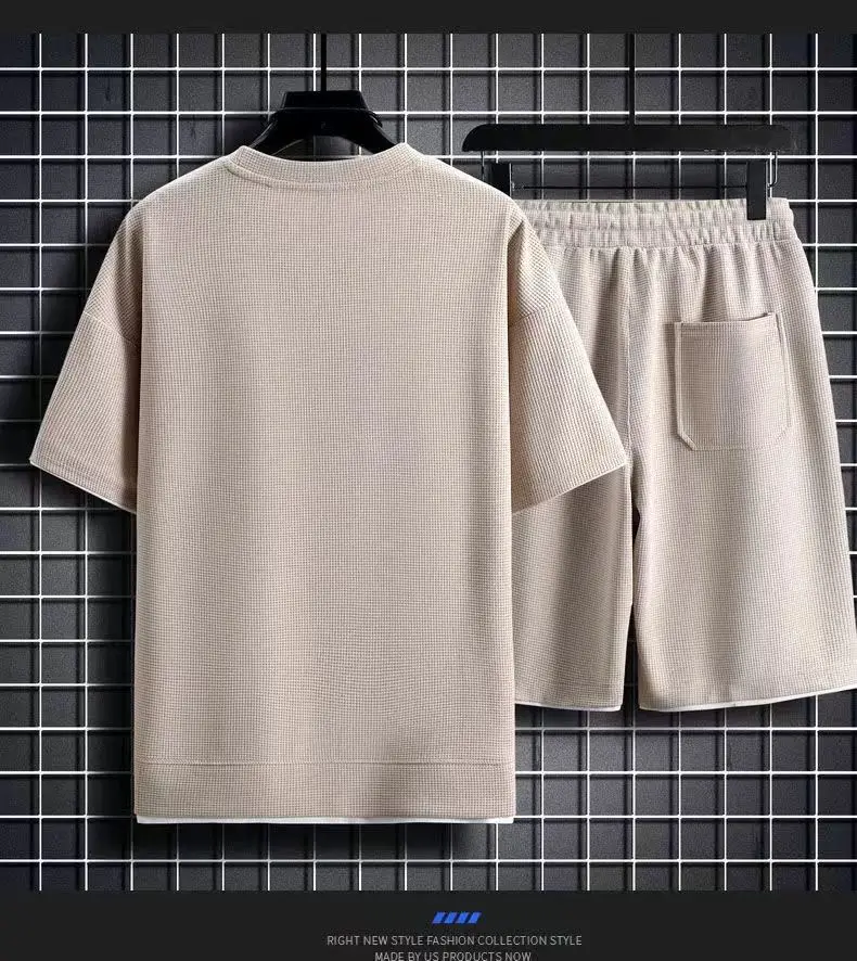 Waffle pattern 2-piece men's shorts set summer sportswear men's fashion clothing Harajuku style fashion loose fitting sportswear