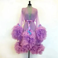purple sexy perspective tulle long sleeve pajamas prom dress short stage performance evening dress large size custom