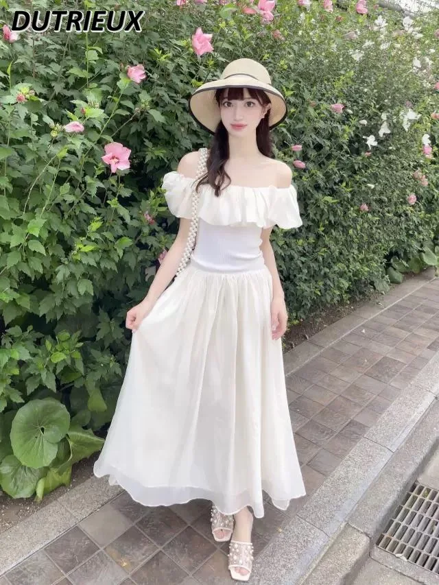 

Новинка лета, длинное платье в японском стиле, элегантное одноместное платье в стиле ретро для женщин, платье во французском стиле для отпуска с оборками и открытыми плечами