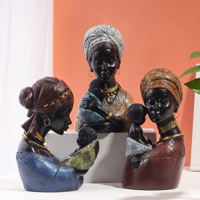 

African American Mother and Son Statue Sculpture Black Characters Home Decoration Living Room Desktop Bookcase Entrance Ornament