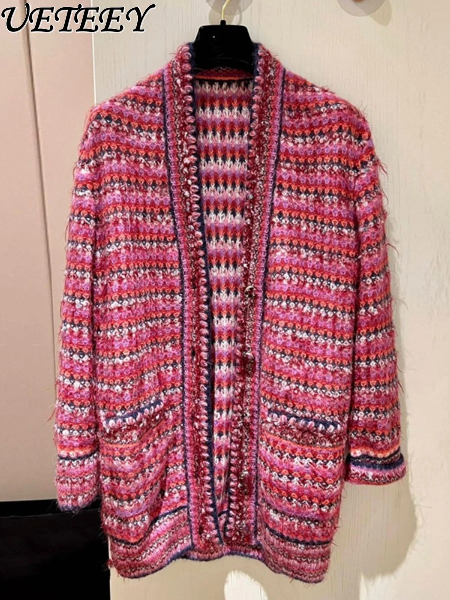 

Autumn New Wine Red Hand Crochet Wool Tassel Sweater Coat Female Temperament Loose V-neck Long Sleeve Knitted Cardigan Sweaters