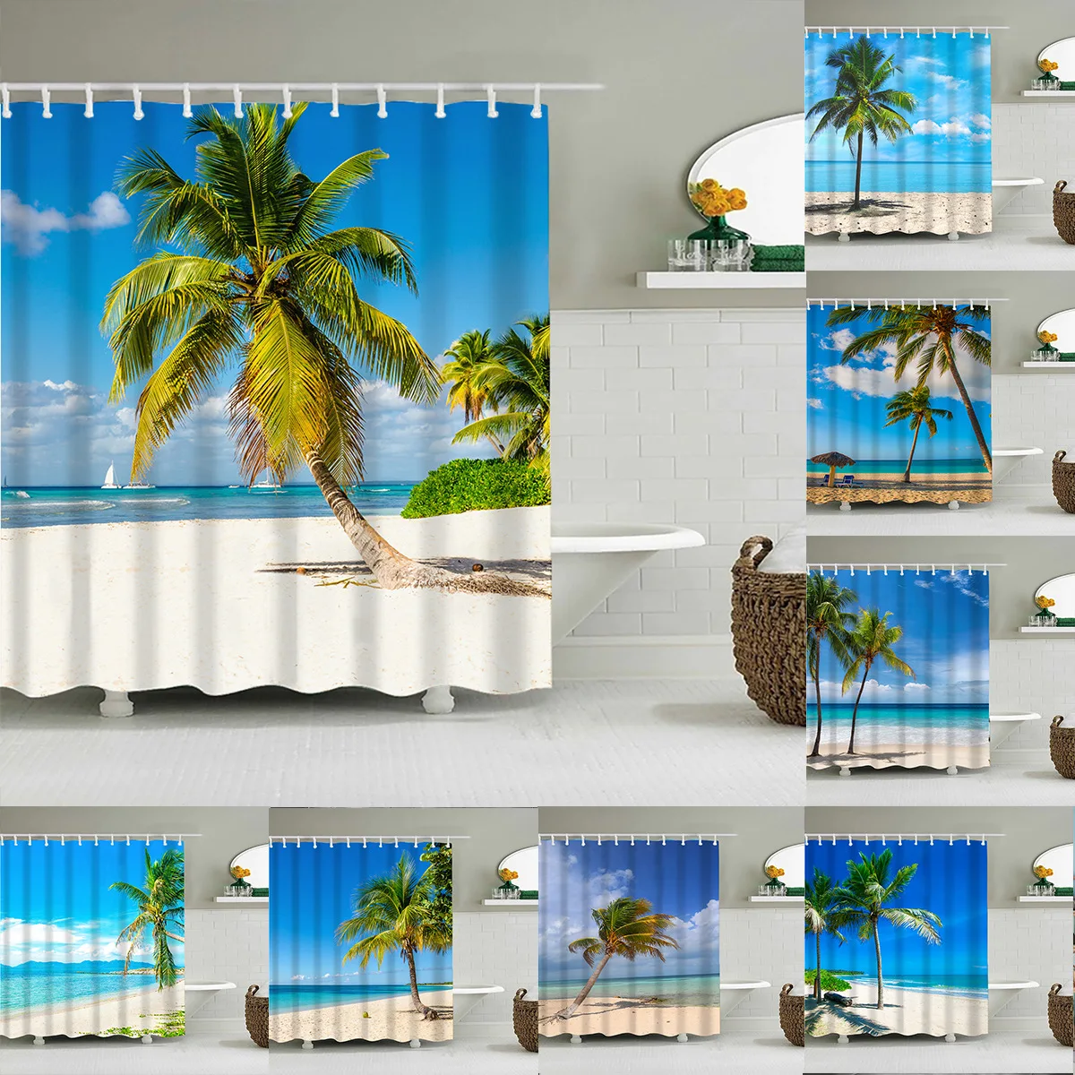 Coconut Palm Tree Shower Curtain 3D Beach Landscape Home Wall Decor Waterproof Polyester Bathroom Blackout Curtains Bath Screen