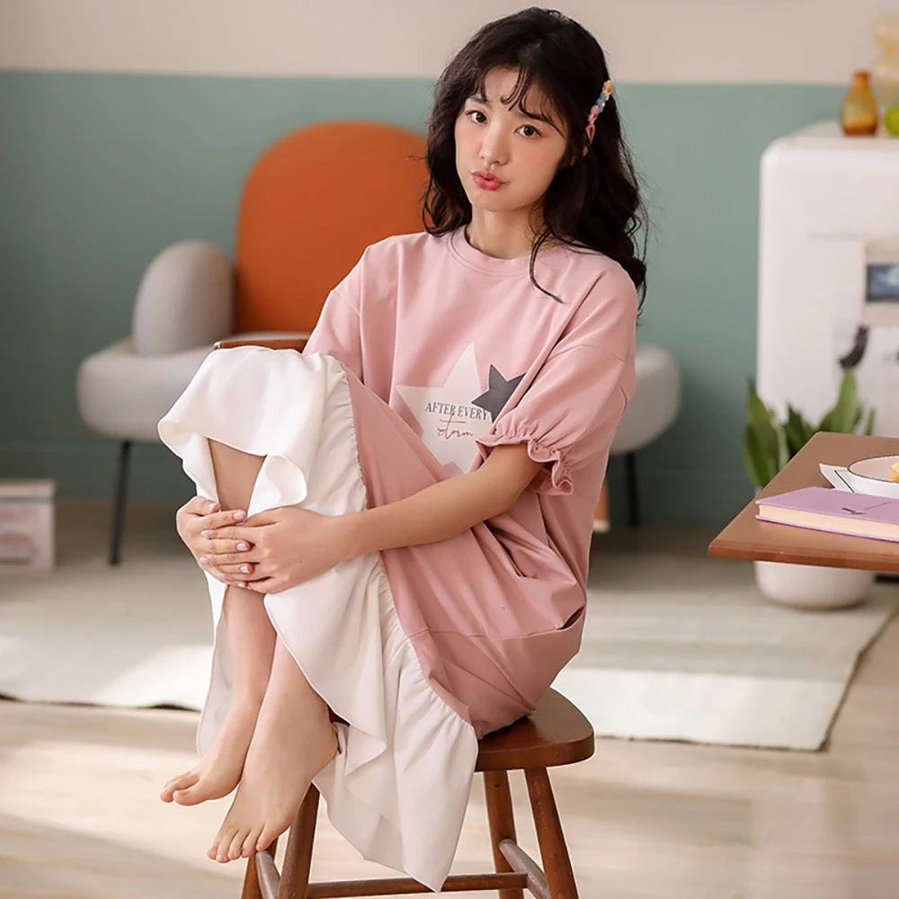 Sweet Girl Cartoon 100% Cotton Soft Sleepwear Casual Long One-piece Night Dress Gown Summer Breathable Women's Nightie Nightwear