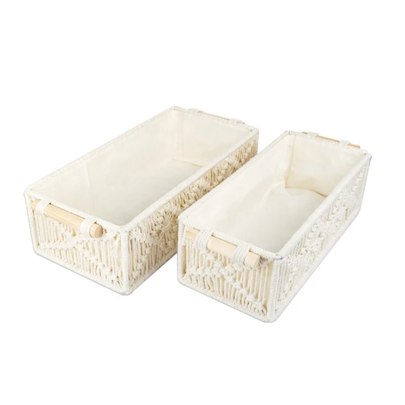 

Wholesale Set of 2 Boho Home Decor White Rectangle Cotton Rope Woven Storage Basket