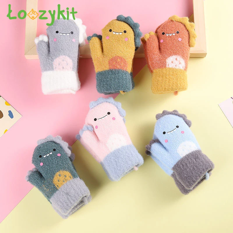 

Baby Gloves Cartoon Dinosaur Warm Autumn Winter Kids Girl Boy Full Finger Gloves Knitted Thick Outdoor Children Toddler Mittens