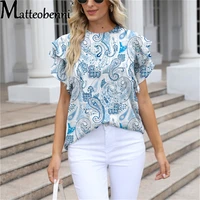 2022 summer new round neck ruffle short sleeve chiffon shirts tops ladies floral print casual loose street pullover shirt blouse