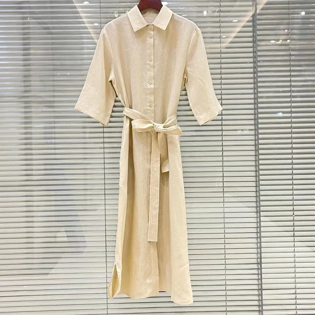 Women Midi Robe Turn-down Collar Belt Single Breasted Shirt Dress Casual