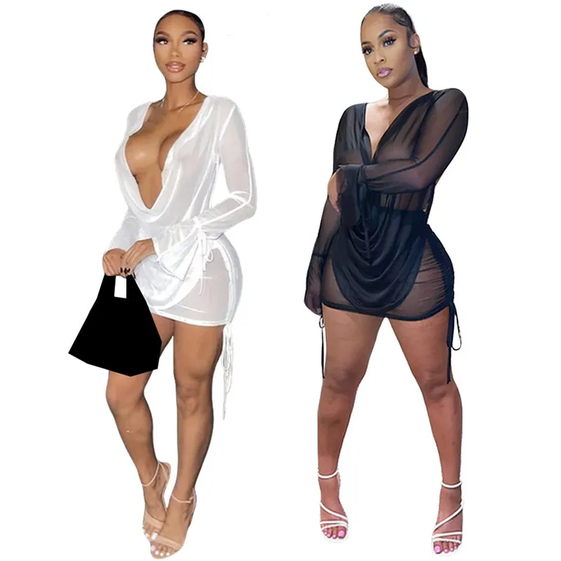 

KEXU Mesh Sheer Bodycon Mini Dress Long Sleeve Backless Hollow Out Club Outfits for Women Sexy Party Dresses