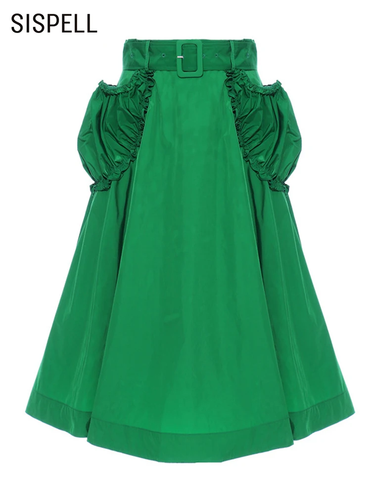 

SISPELL Solid Skirts For Women High Waist Folds Patchwork Belt Elegant Temperament Skirt Female Summer Fashion Clothing 2022 New