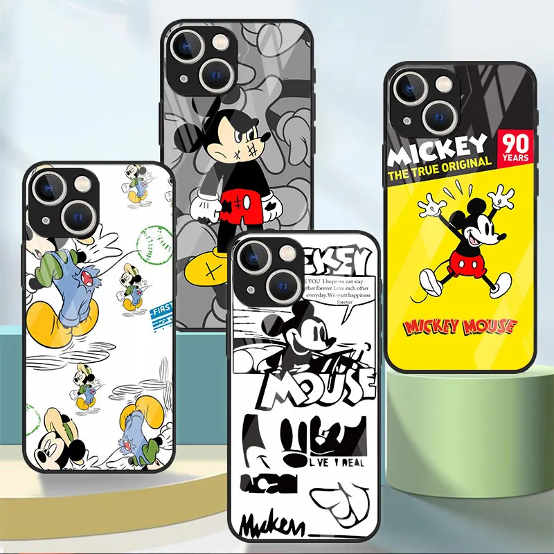 

Cartoon Luxury Mickey Glass Case For Apple iPhone 14 11 13 12 Pro XR X XS Max 13Pro 13Mini 14Plus Silicone Soft Phone Cover