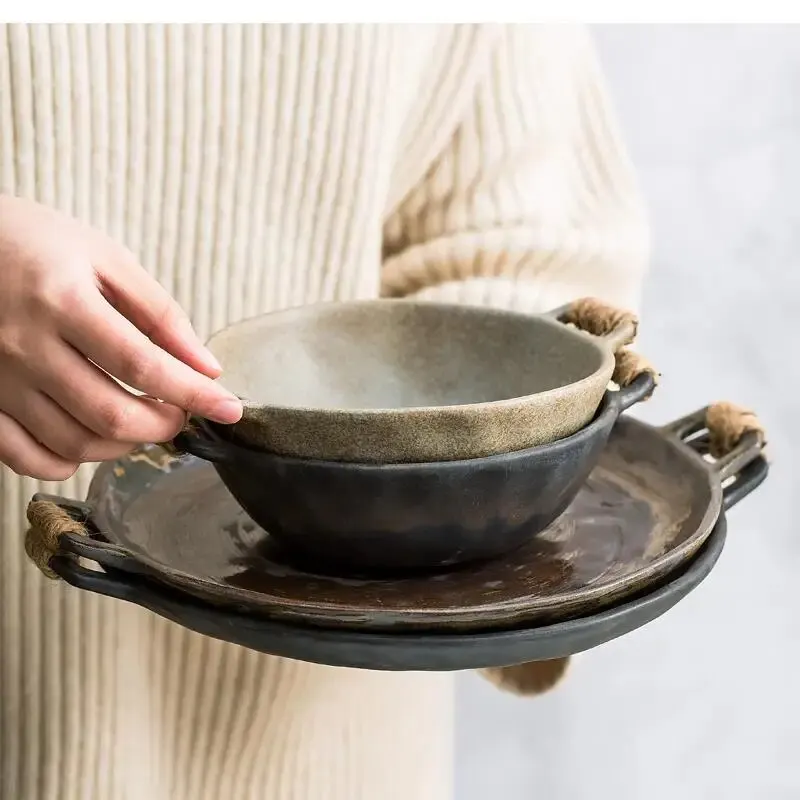 Винтажная ручная чаша технические Тарелки и блюда грубая керамика пеньковая