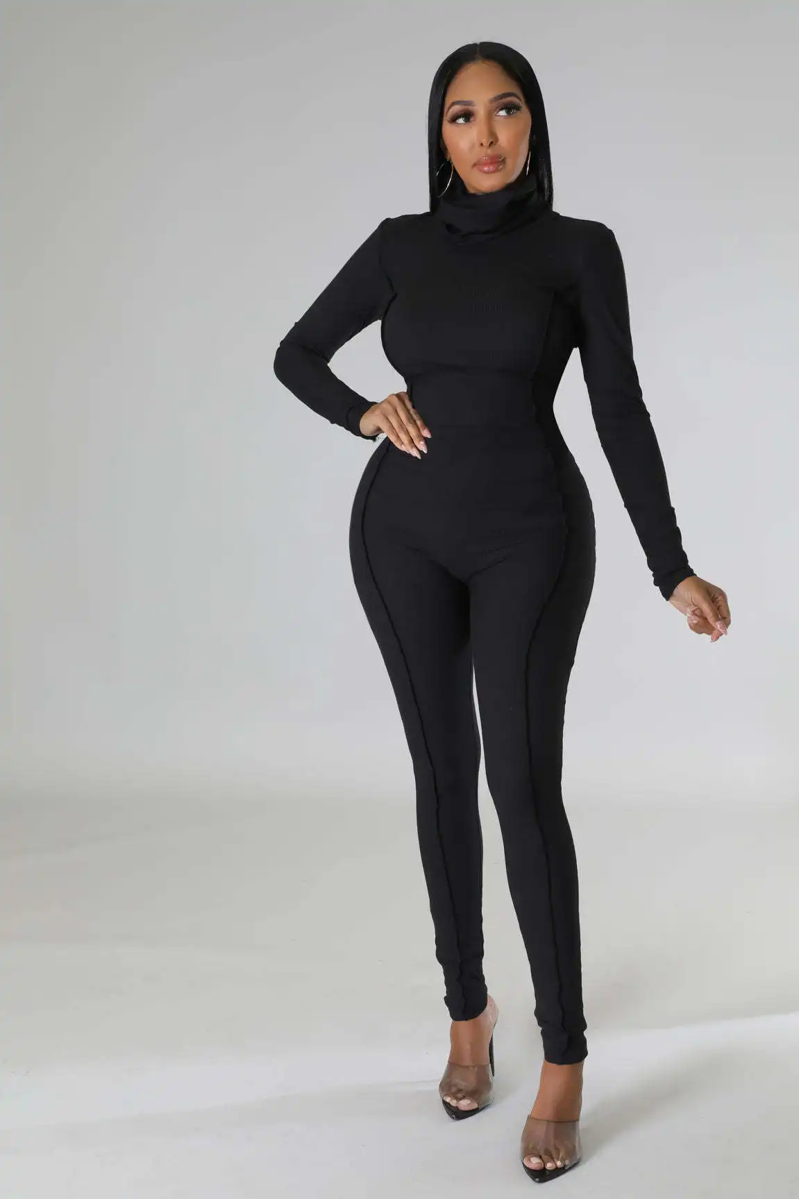 Women's High Collar Jumpsuit Autumn Winter Wear Thread Stitching Thread Women Tight Bodysuits Romper Sportswear Tracksuit