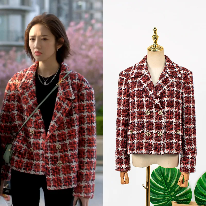 Brand Runway New Fashion Spring Coat Women Red White Plaid Suit Jacket Woolen Top 2022 Lapel Collar Casual Vintage Clothing