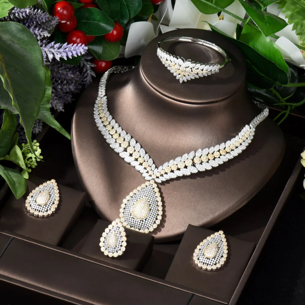 Fashion Clearance Price Vintage Dubai 2 Tones Jewelry Set for Women Cubic Zirconia Bridal Earrings and Necklace Set bijoux