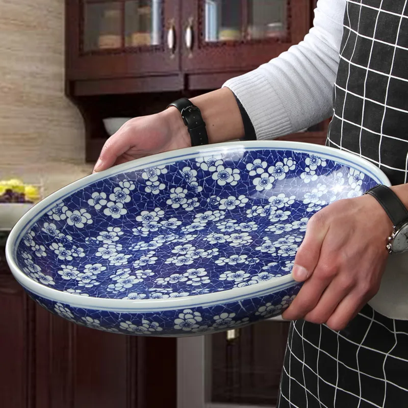 

Chinese 10inch Large Serving Plates Retro Blue And White Porcelain Tableware Home Dish Spaghetti Roast Turkey Roast Goose
