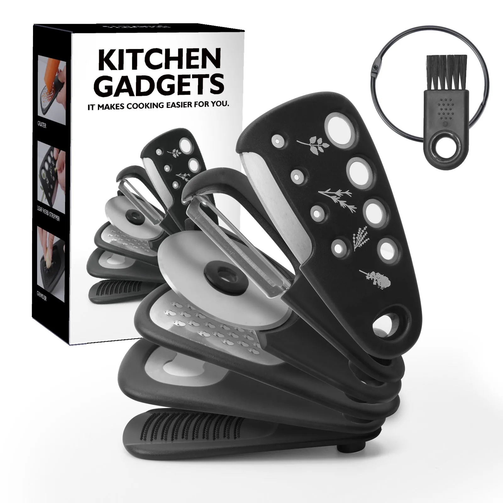 Stackable Kitchen Gadget 6 Pieces Set Melon Shaver, Vanilla Cutting, Garlic Grinding, Can Opener, Cheese Shaver, Pizza Knife