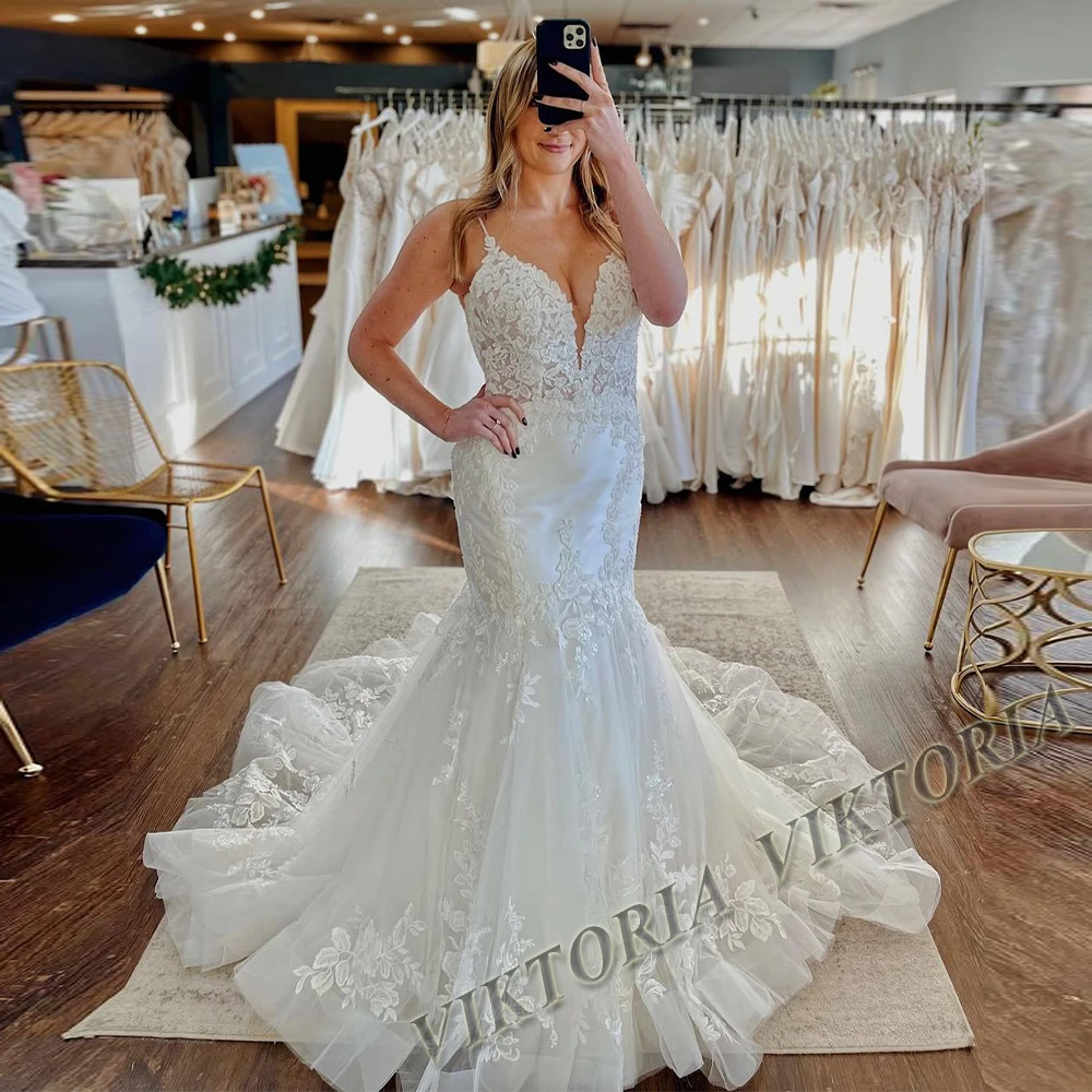 

VIKTORIA Modern Mermaid Wedding Dresses For Woman 2024 Bridal V-neck Spaghetti Straps Appliques Vestidos De Novia Custom Made