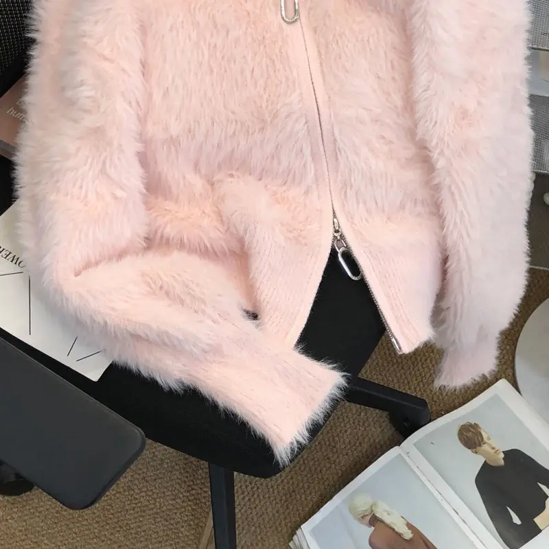 Gaganight женский мохеровый белый свитер с высоким воротом 2024 куртка-кардиган