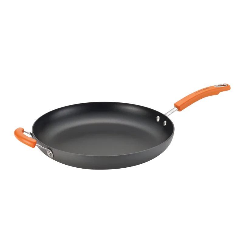 

Rachael Ray 14" Hard-Anodized Non-Stick Frying Pan/Fry Pan/Skillet with Helper Handle, Grey with Orange Handle