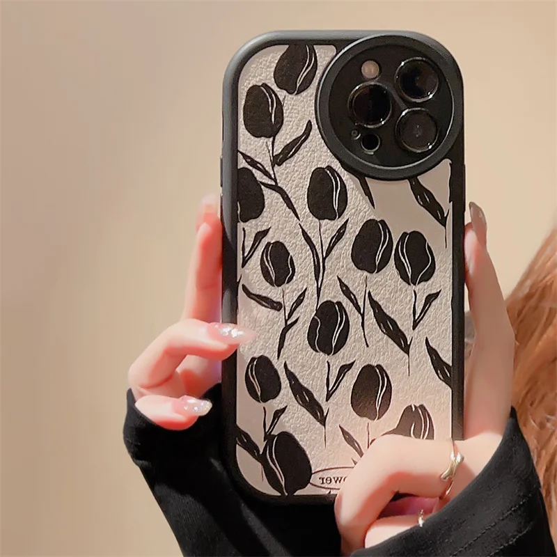 

Moskado Luxury Black Tulips Pattern Phone Case For iPhone 14 Plus 14 11 12 13 Pro Max X XR XS Max Shockproof Soft TPU Back Cover