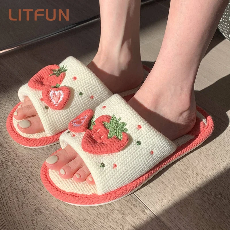 

Litfun Cute Plush Slippers Women Four Seasons Warm Furry Linen Cloud Shoes For Women Home Slipper Women's Summer Flip Flops 2023