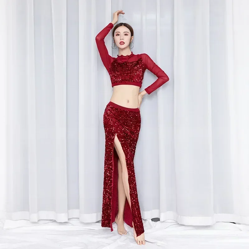 Фото Костюм для танца живота yesBelly для женщин, одежда для занятий восточным танцем живота, сексуальное танцевальное платье с пайетками, комплект из 2 предметов, танцевальный костюм для девочек №4