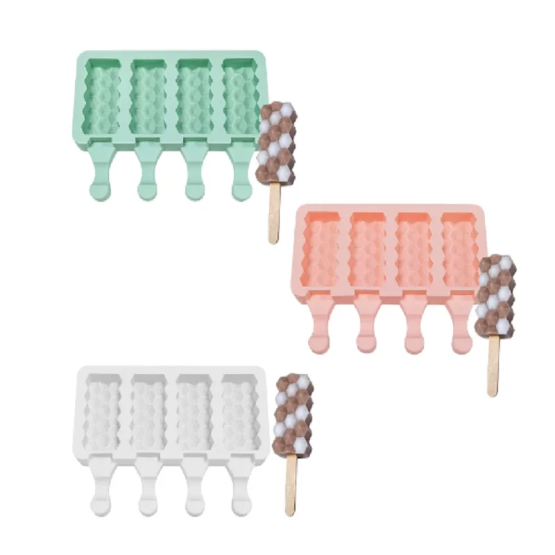 

4 Cavities Diamond Popsicles Mold Non-stick Silicone Ice Cream Molds Homemade DIY Dessert Juice Ice-Pop Mould for Kids M68E