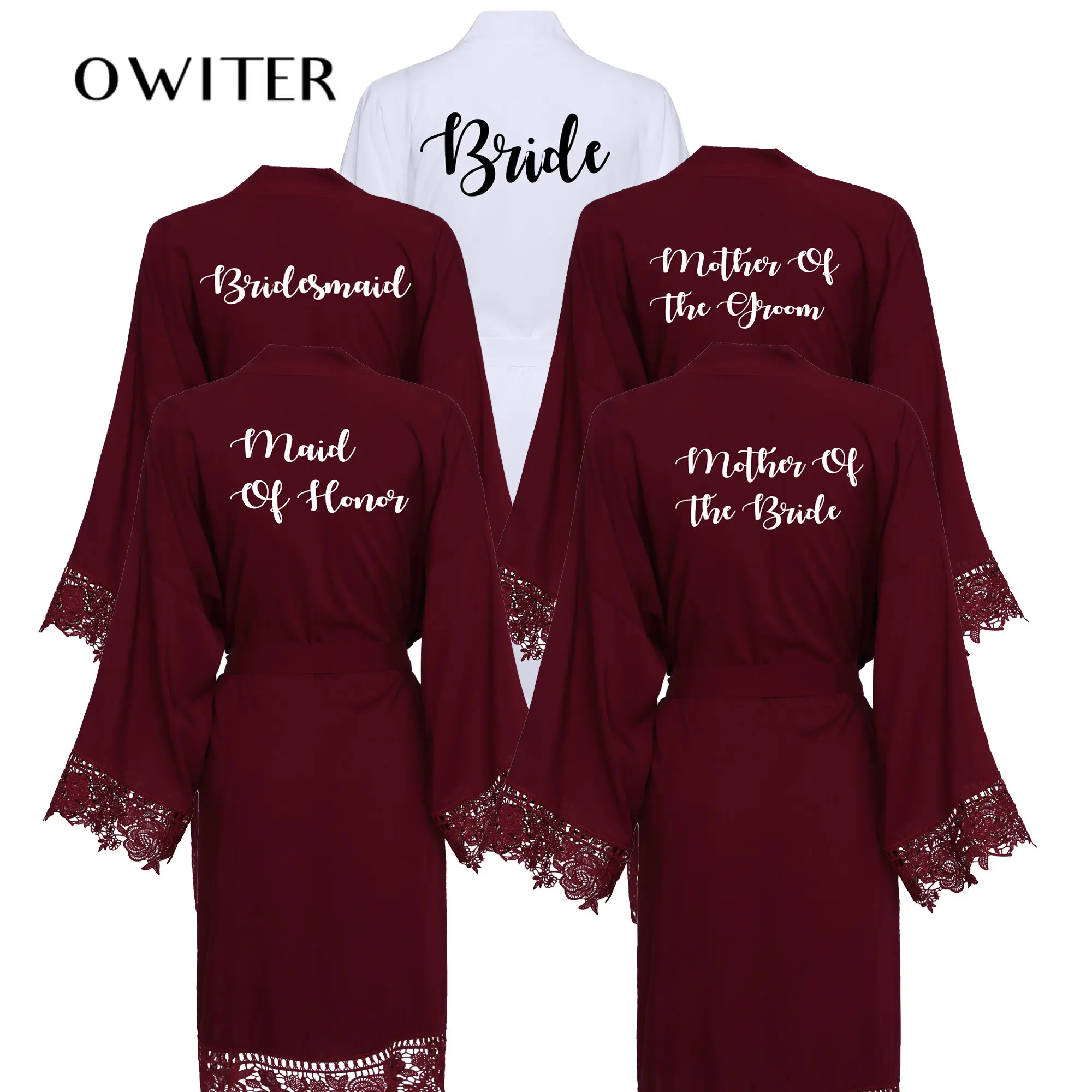 

Bridesmaid Bride Robes Rayon Cotton Kimono Robes with Lace Robe Trim Women Wedding Bridal Robe Short Belt Burgundy