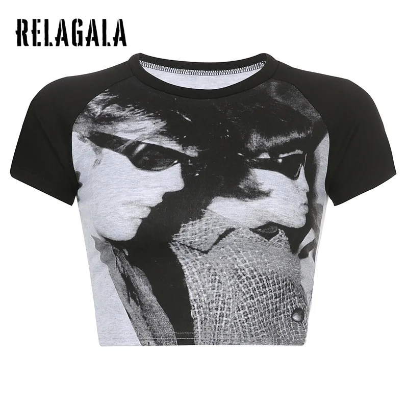 

RelaGala Women Retro Character Avatar Print Cropped Navel Short Sleeve T-Shirt