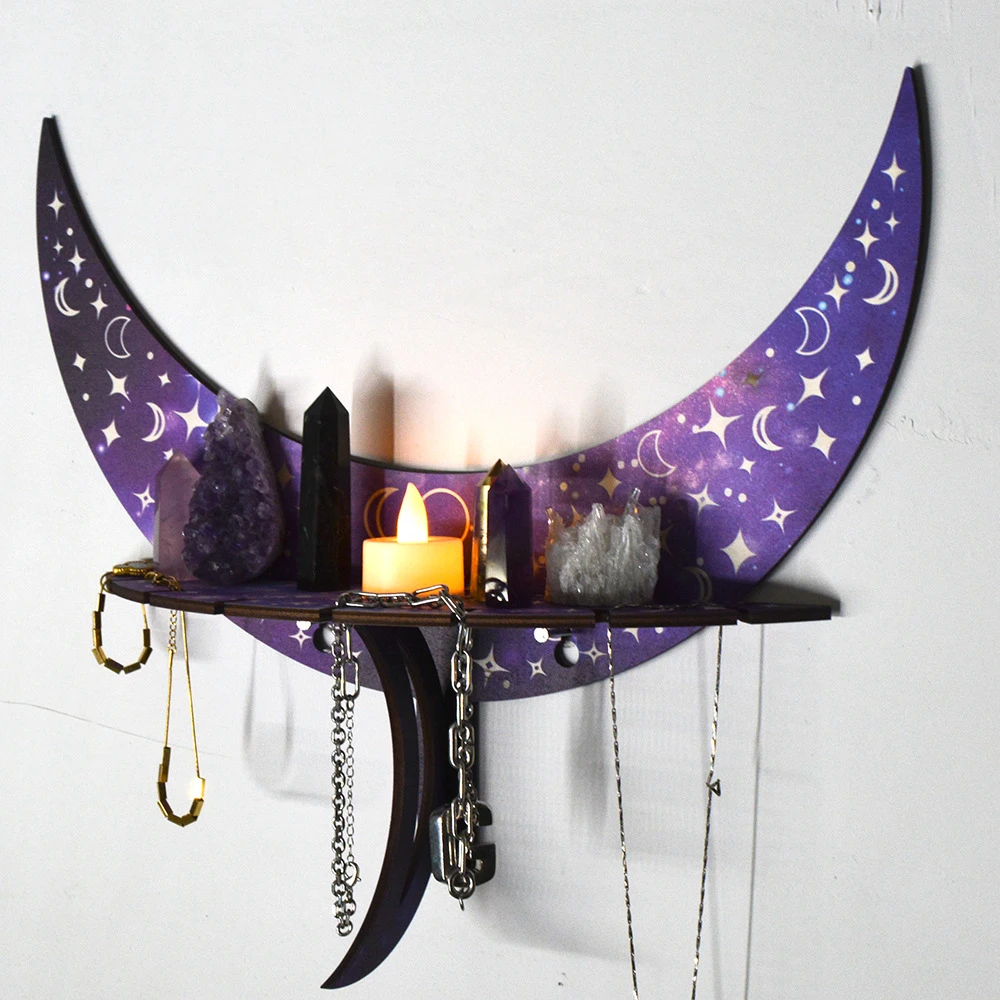 

Meditation Crystal Shelf Jewelry Candlestick Display Shelf Black Bohemian Moon Phase Wooden Holder for Essential Oils Yoga Decor