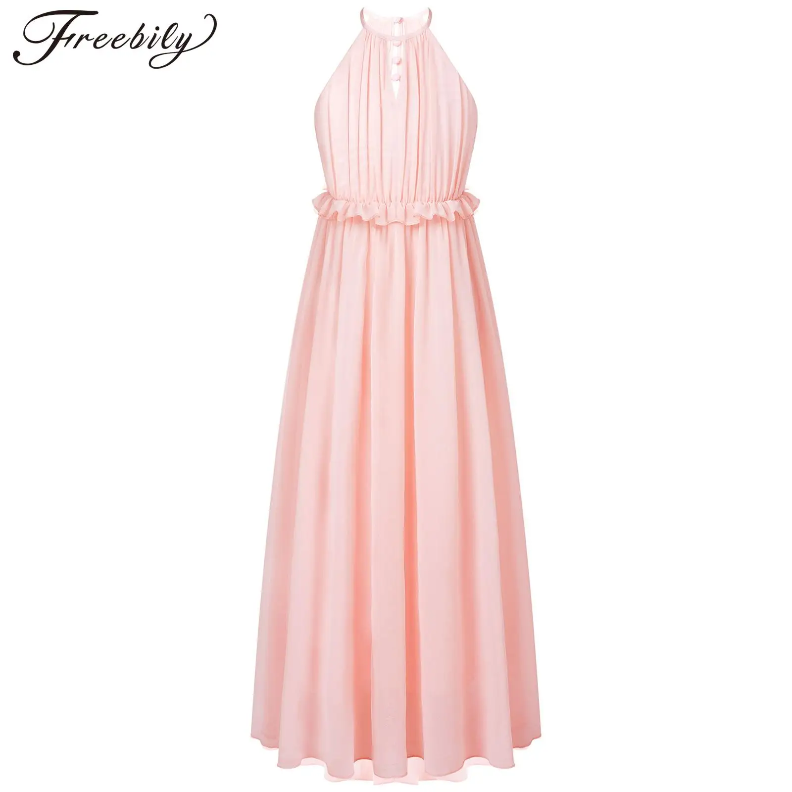 

Girls Elegant Dress Halter Neck Sleeveless Solid Color Maxi Chiffon Party Ruffle Trim Dress for Bridesmaid Evening Wedding Wear