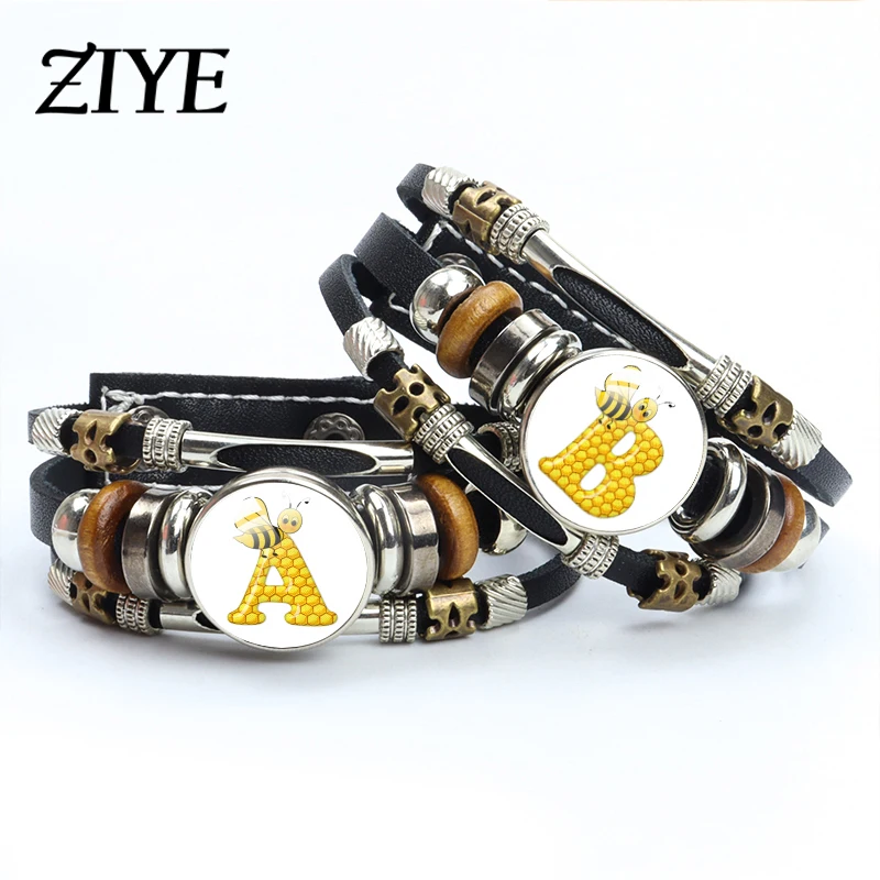 

Cute Honeybee Honeycomb Leather Bracelets A-Z Initial Letter Glass Cabochon Snap Button Bangle for Women Man Jewelry Accessories