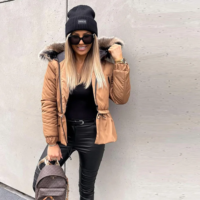 Fur Hooded Zipper Drawstring Short Jacket Cow Casual Comfortable Warm Small Flare Hem Personality Cotton Clothing