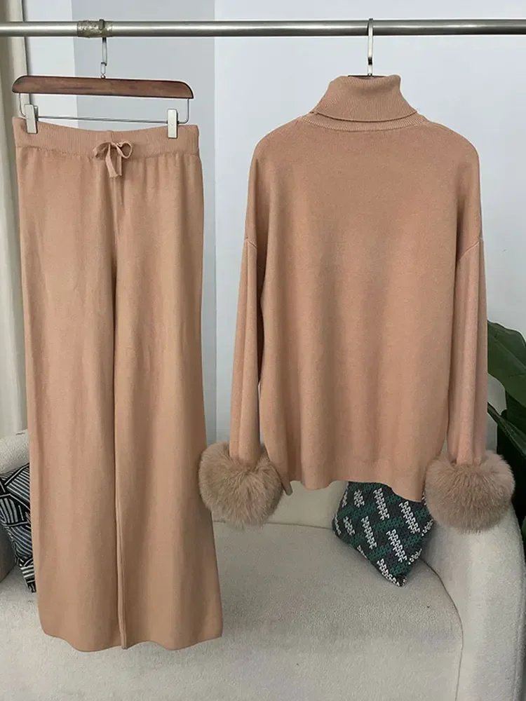 2024 новая мода осень-зима натуральный лисьий мех манжеты пальто вязаный свитер