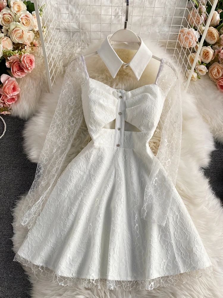 

Fitaylor New Summer Elegant Women Square Collar Lace Mesh Patchwork Mini Dress Sexy Lady Hollow Out Dress Party Evening Dress